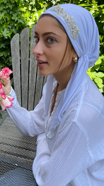 Vintage Fashion Headwear | Vintage Style Hair Scarf | White Pre-Tied Head Scarf Accented With Vintage Style Design | Proudly Made In The USA by Uptown Girl Headwear