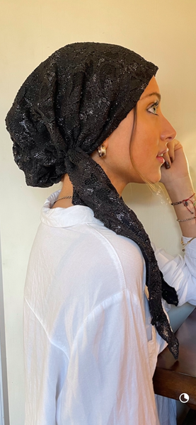 Stunning Black Lace Pre Tied Scarf For Women. Made in USA by Uptown Girl Headwear