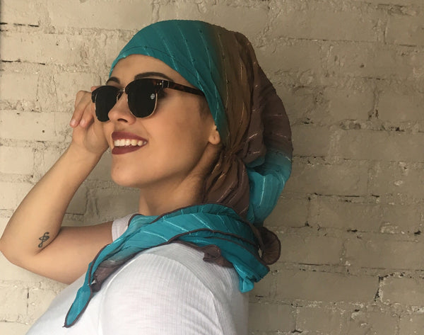 Brown Turquoise Easy Slip On Style Sequined Pre Tied Stunning Head Scarf Hijab Head Wrap For Women - Uptown Girl Headwear
