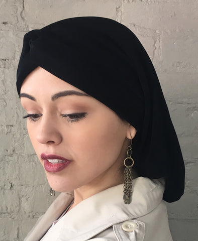Cotton  Classic Renaissance Style Black Snood Hijab With Turban Twist Headband - Uptown Girl Headwear
