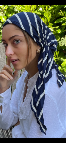 Blue and White Striped Pre Tied Scarf Tichel | Modern Hair Scarf | Young Style Fashion Head Scarf For Women | Exercise Hijab | Made in USA