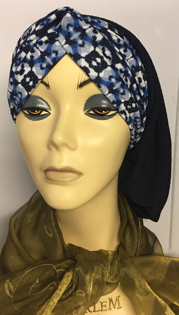 Blue Black Snood Hijab Tichel With Dark Navy Mix Front Headband - Uptown Girl Headwear