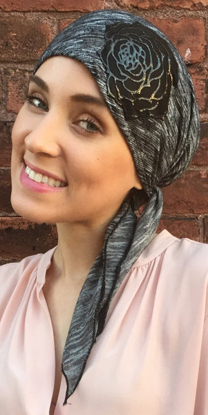 Lightweight Comfortable Pre-Tied Head Scarf With Black Leather Look Flower For Jewish Muslim Christian African Women - Uptown Girl Headwear