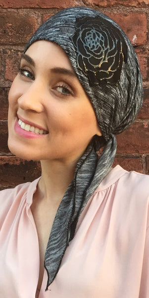 Lightweight Comfortable Pre-Tied Head Scarf With Black Leather Look Flower For Jewish Muslim Christian African Women - Uptown Girl Headwear
