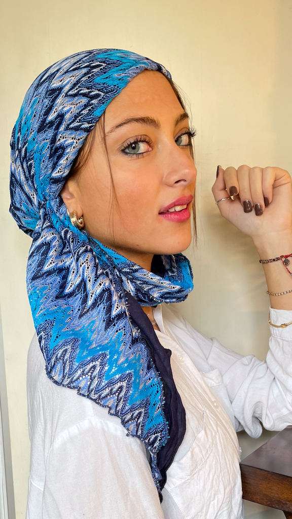Blue Head Scarf With Lining. Lace Lightweight Hair Covering For Women. Made in USA