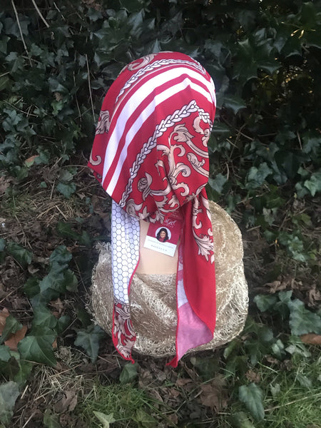 Christmas Gift | Elegant Red Head Scarf Tie Back Cap For Women Easy Slip On Style Pre-Tied. Made in USA