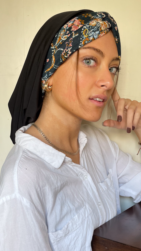 Black Blue Floral Turban Snood. Modern Hijab Head Scarf. Made in USA
