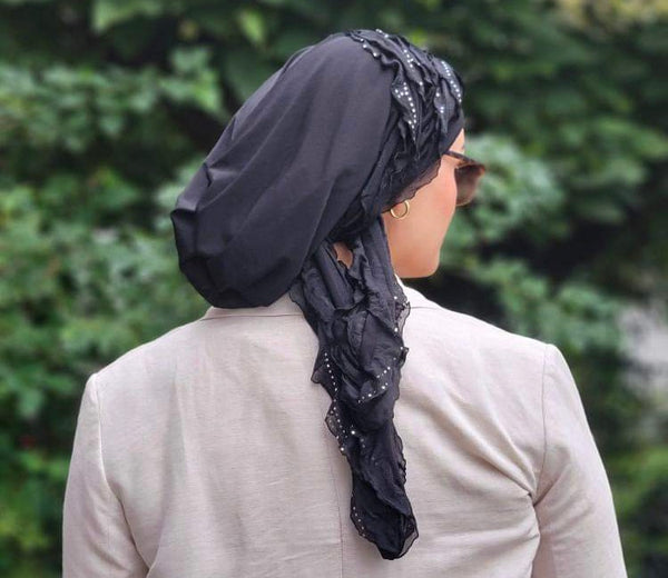 Stunning Black silver wrap around snood turban