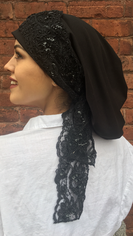 Black Lace Hijab Uptown Girl Headwear Wrap Around Lycra Headscarf Stunning Dressy Hijab Snood Turban for Women - Uptown Girl Headwear