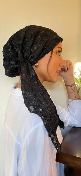 Stunning Black Lace Pre Tied Scarf For Women. Made in USA by Uptown Girl Headwear