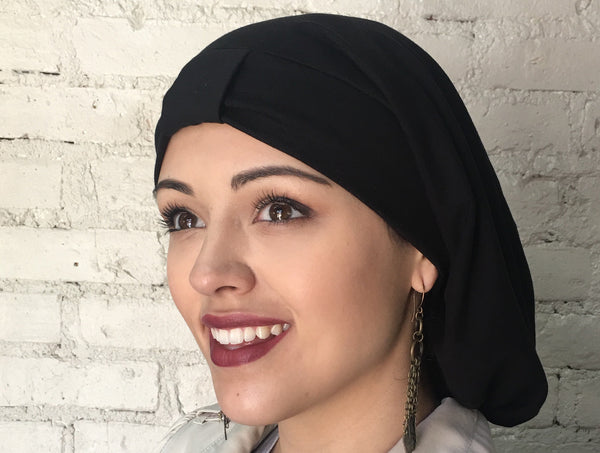 Black Cotton Feel Hijab Hair Snood Turban Head Covering - Uptown Girl Headwear