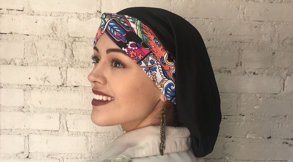 Laughing Happy Colors Turban Twist Hair Snood Hijab with Multicolor Twist Headband - Uptown Girl Headwear