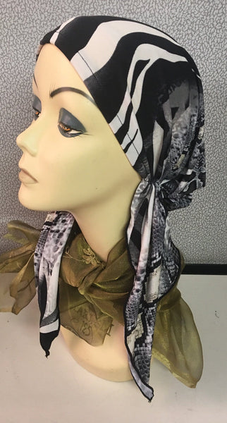 Head Scarf To Cover & Conceal Your Hair. Animal Print Black & Grey Pre-Tied - Uptown Girl Headwear