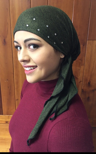 New Easy Slip On Style Premium Green Pre-Tied Headscarf Hijab Tichel With Swarovski Crystal Design - Uptown Girl Headwear