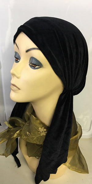 Black Velvet New Slip On Style Quality Stretchy Pre Tied Scarf Hair Wrap For Muslim Jewish Christian Women - Uptown Girl Headwear