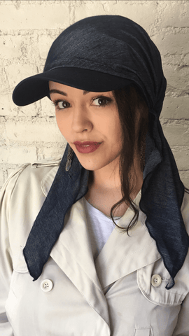 Tie Back Hat Blue or Black Denim Sun Visor Scarf Hijab Head Covering - Uptown Girl Headwear