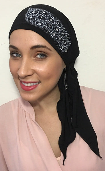 Stunning Pre Tied Modern Hijab Head Scarf with Applique (Black or Grey Scarf) - Uptown Girl Headwear