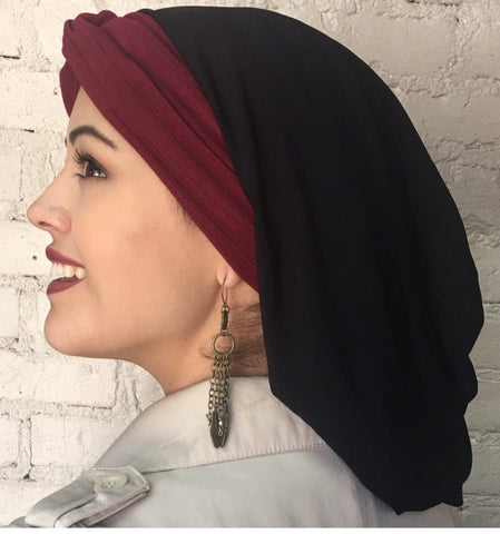 Woman’s Turban Black Burgundy Snood Hijab With Textured Stretch Cranberry Band - Uptown Girl Headwear