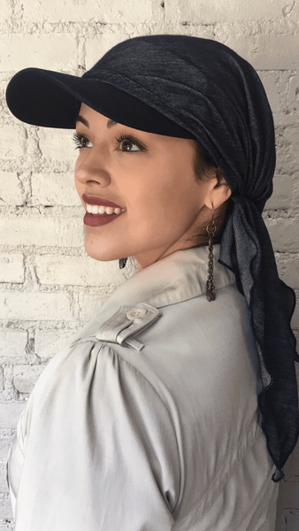 Tie Back Hat Blue or Black Denim Sun Visor Scarf Hijab Head Covering - Uptown Girl Headwear