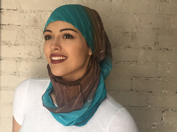 Brown Turquoise Easy Slip On Style Sequined Pre Tied Stunning Head Scarf Hijab Head Wrap For Women - Uptown Girl Headwear