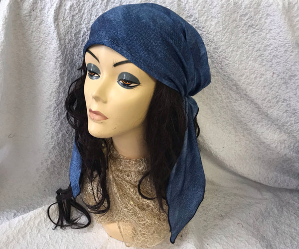 Swim Cap Denim Blue Head Wrap Tichel Hair Scarf For Natural Hair For Women. Has Non slip inserted band. Made in USA - Uptown Girl Headwear