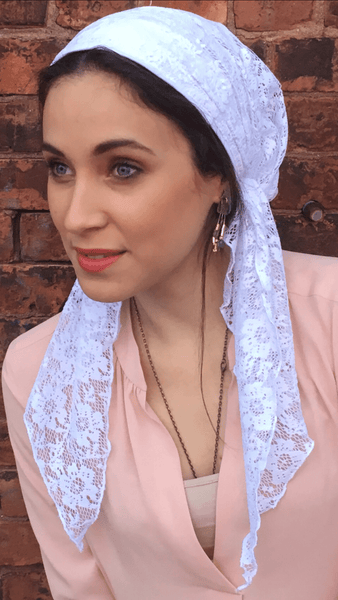 White Tichel Head Scarf For Sabbath & Faith Lace Pre Tied Hair Wrap - Uptown Girl Headwear