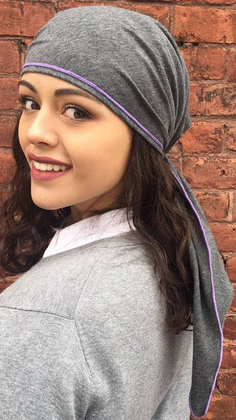 Grey Sport Style Active Soft Knit Pre Tied Scarf with Purple Finishing - Uptown Girl Headwear