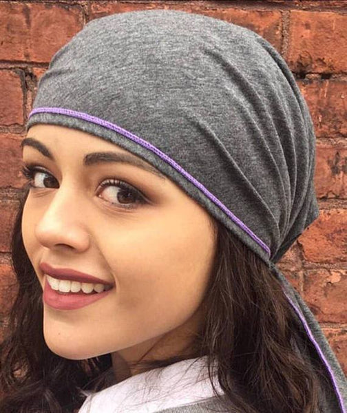 Grey Sport Style Active Soft Knit Pre Tied Scarf with Purple Finishing - Uptown Girl Headwear